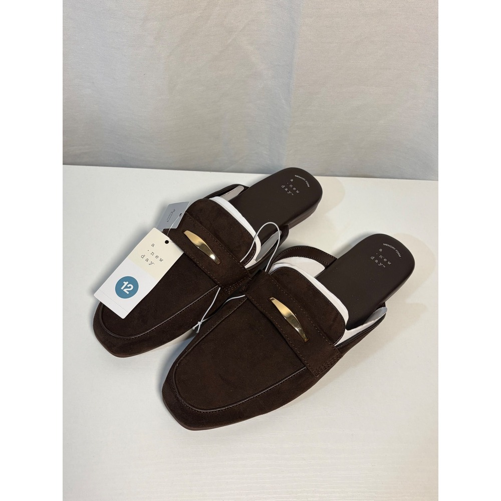 A New Day Womens Memory Foam Mules Chocolate Brown Gold Bar Loafer Slides Sz 12